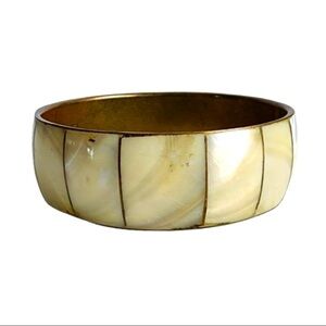 Vintage Mother Of Pearl Bangle Bracelet Brass‎ African Chunky Boho Bohemian 60s